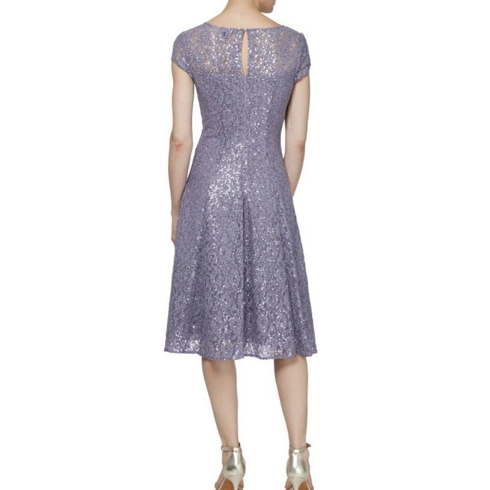 SL FASHIONS Mystic Heather Tea Length Sequin Lace Midi Fit and Flare Dress SZ 10 - Picture 2 of 10